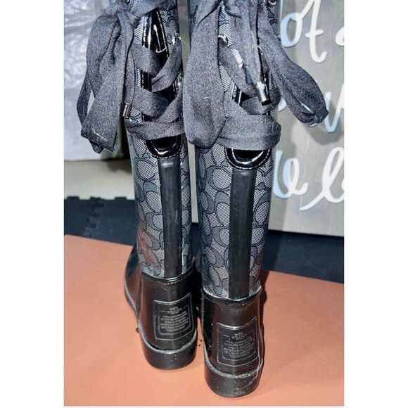 Coach Tristee Lace-Up Corset Signature Logo Tall Rain Boots Black Size 6 - Picture 2 of 4